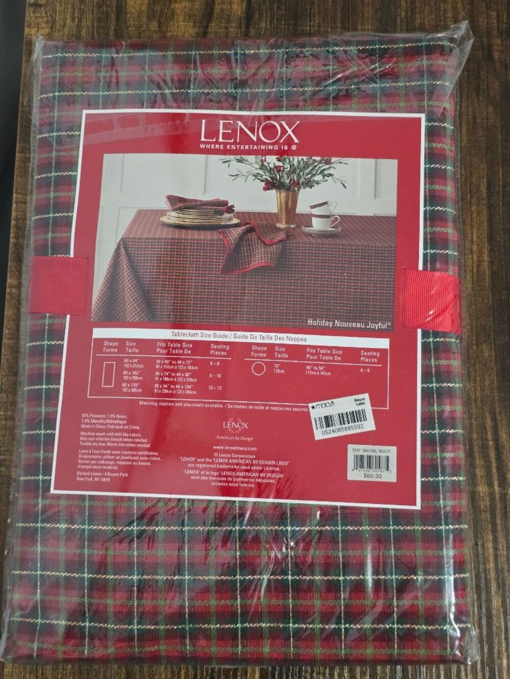 NWT Lenox Holiday Nouveau Joyful Tablecloth 60" X 84" Rectangle Red Green Plaid - Picture 4 of 7